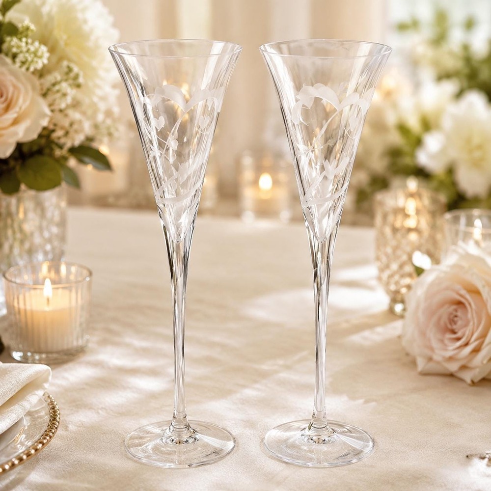 Marquis by Waterford Yours Truly Crystal Champagne Flutes Pair Wedding Glasses